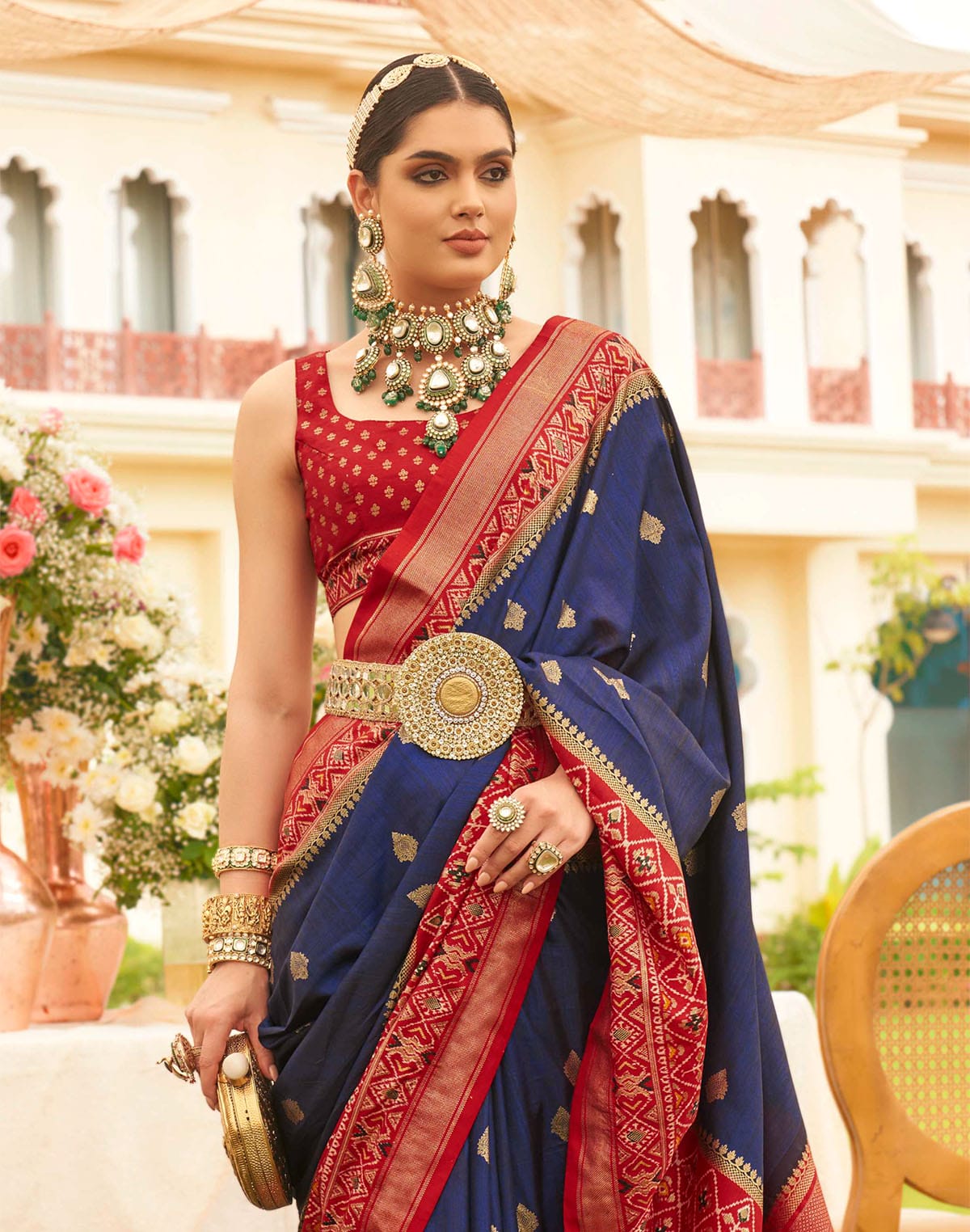 Collection of Blue and Red Patola Saree in a gallery layout