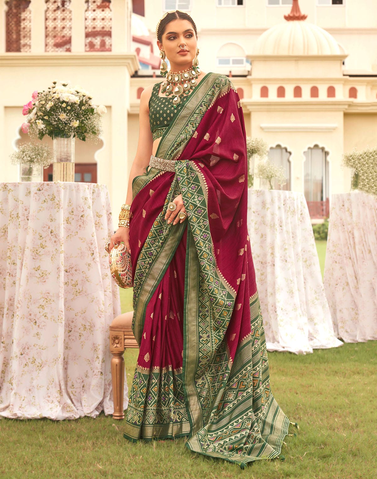 Collection of Maroon Coloured Patola Contrast Saree in a gallery layout