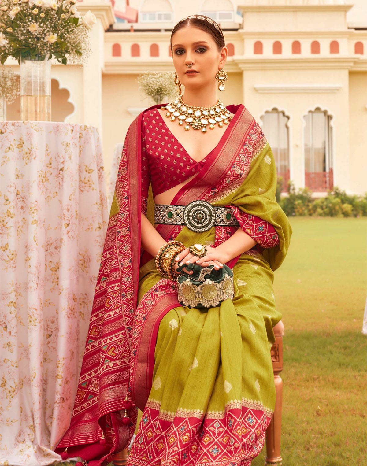 Collection of Mehendi Green Patola  Festive Wear Saree in a gallery layout