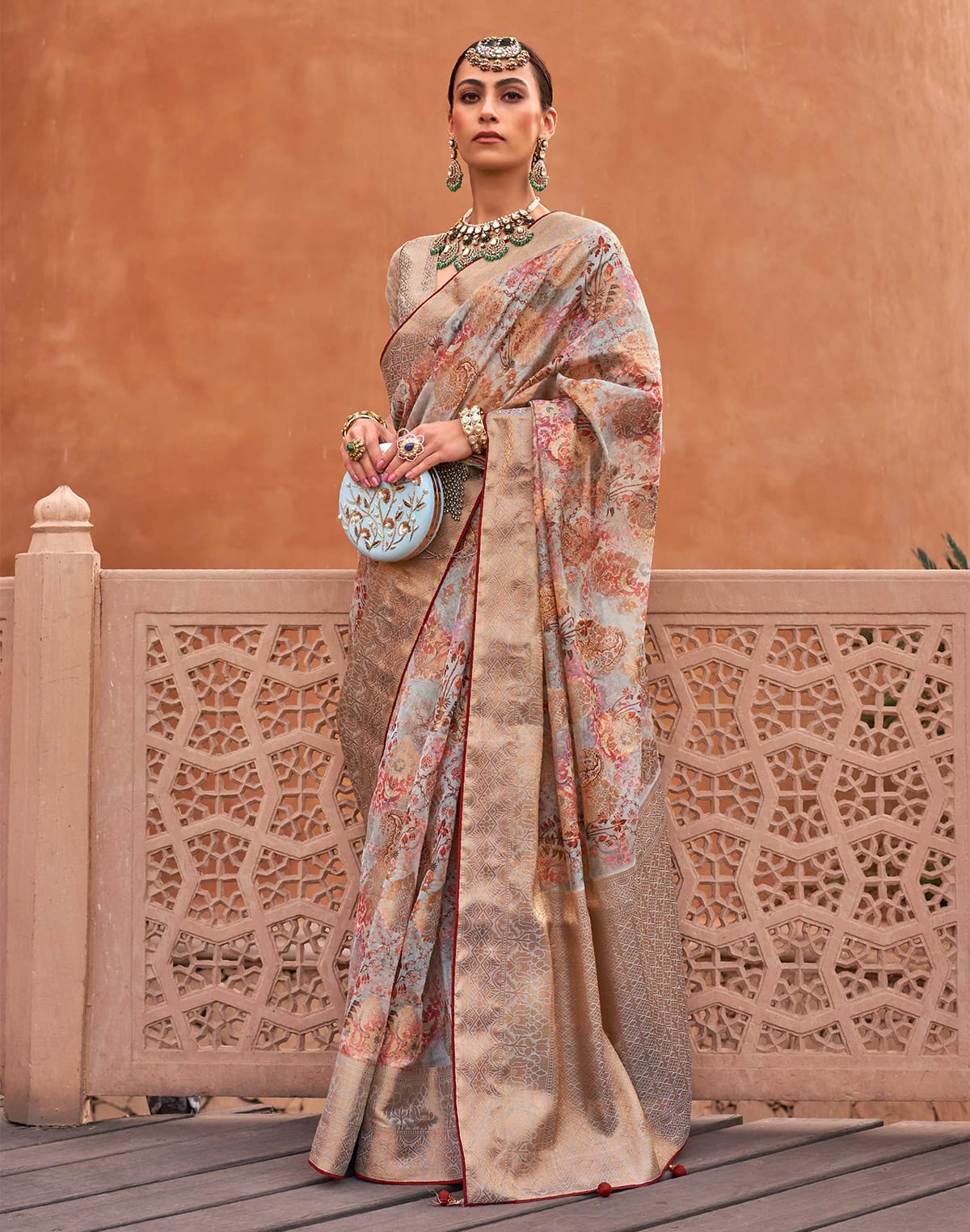 Collection of Multi Color all over Floral Digital Print Organza Saree in a gallery layout