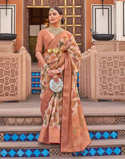 Collection of Floral Digital Print Organza Saree in Brown in a gallery layout