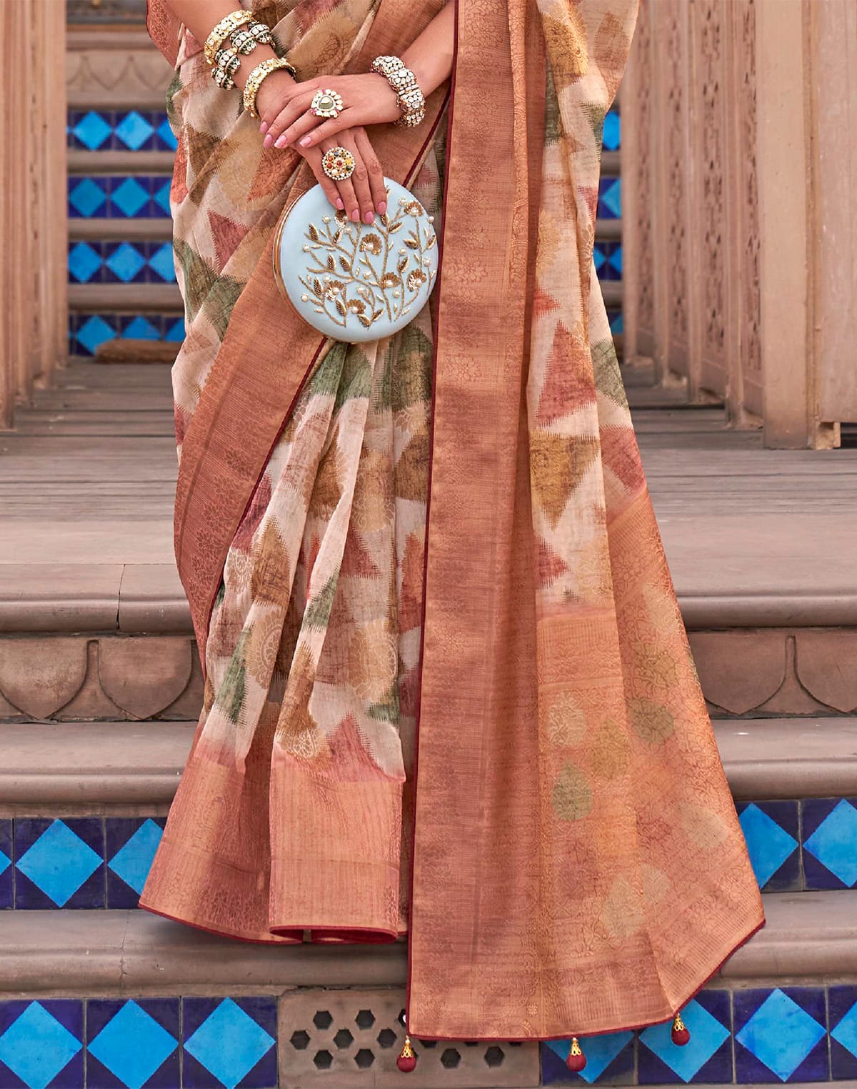 Collection of Floral Digital Print Organza Saree in Brown in a gallery layout