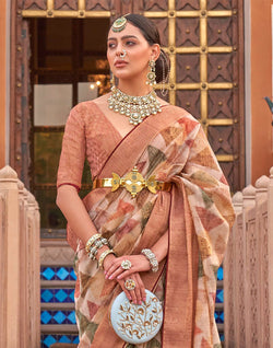 Collection of Floral Digital Print Organza Saree in Brown in a gallery layout