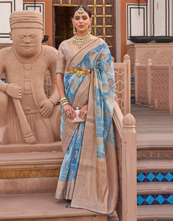 Collection of Aqua Blue Organza Digital Print Saree in a gallery layout