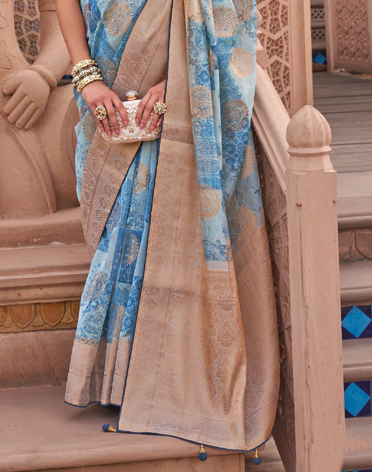 Collection of Aqua Blue Organza Digital Print Saree in a gallery layout