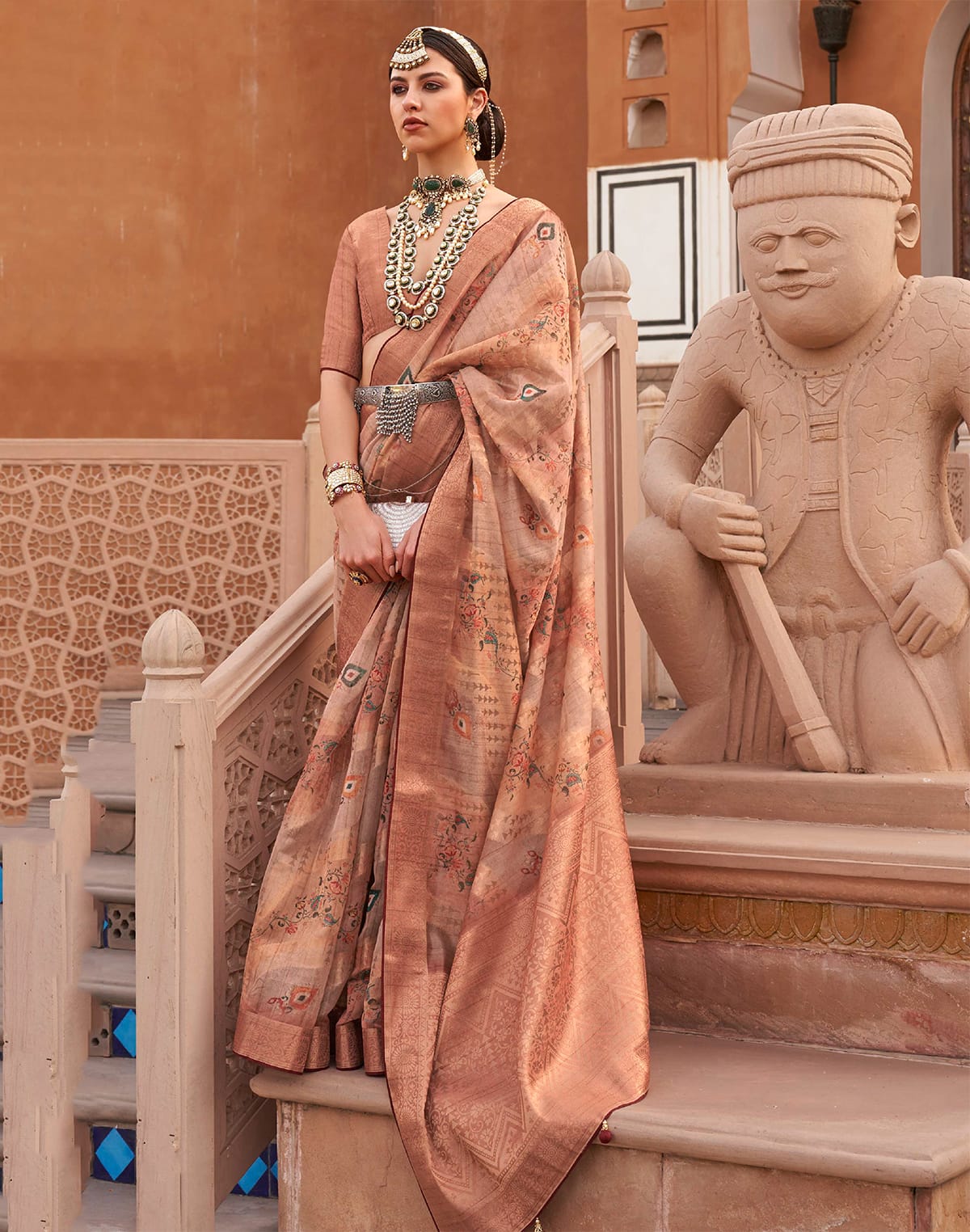 Light Peach Floral Digital Print Organza Party Wear Saree