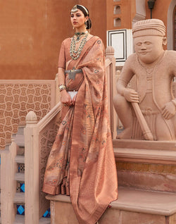 Collection of Light Peach Floral Digital Print Organza Party Wear Saree in a gallery layout