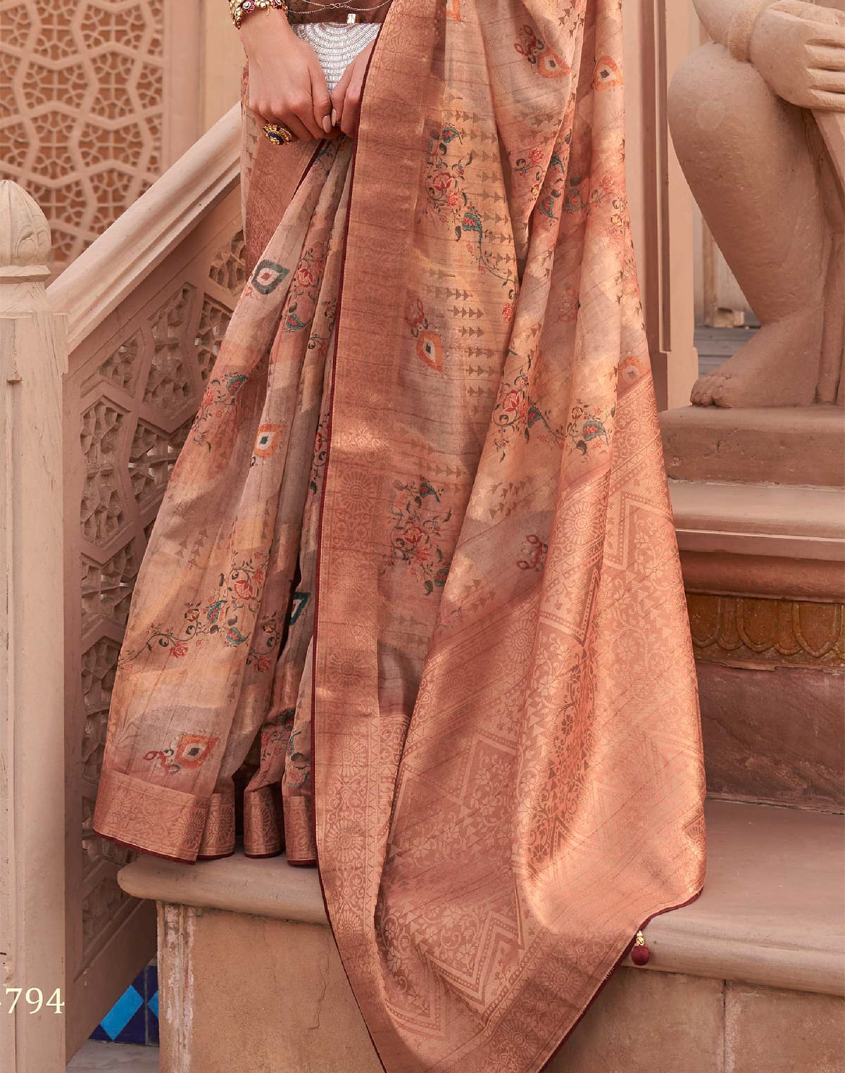 Light Peach Floral Digital Print Organza Party Wear Saree