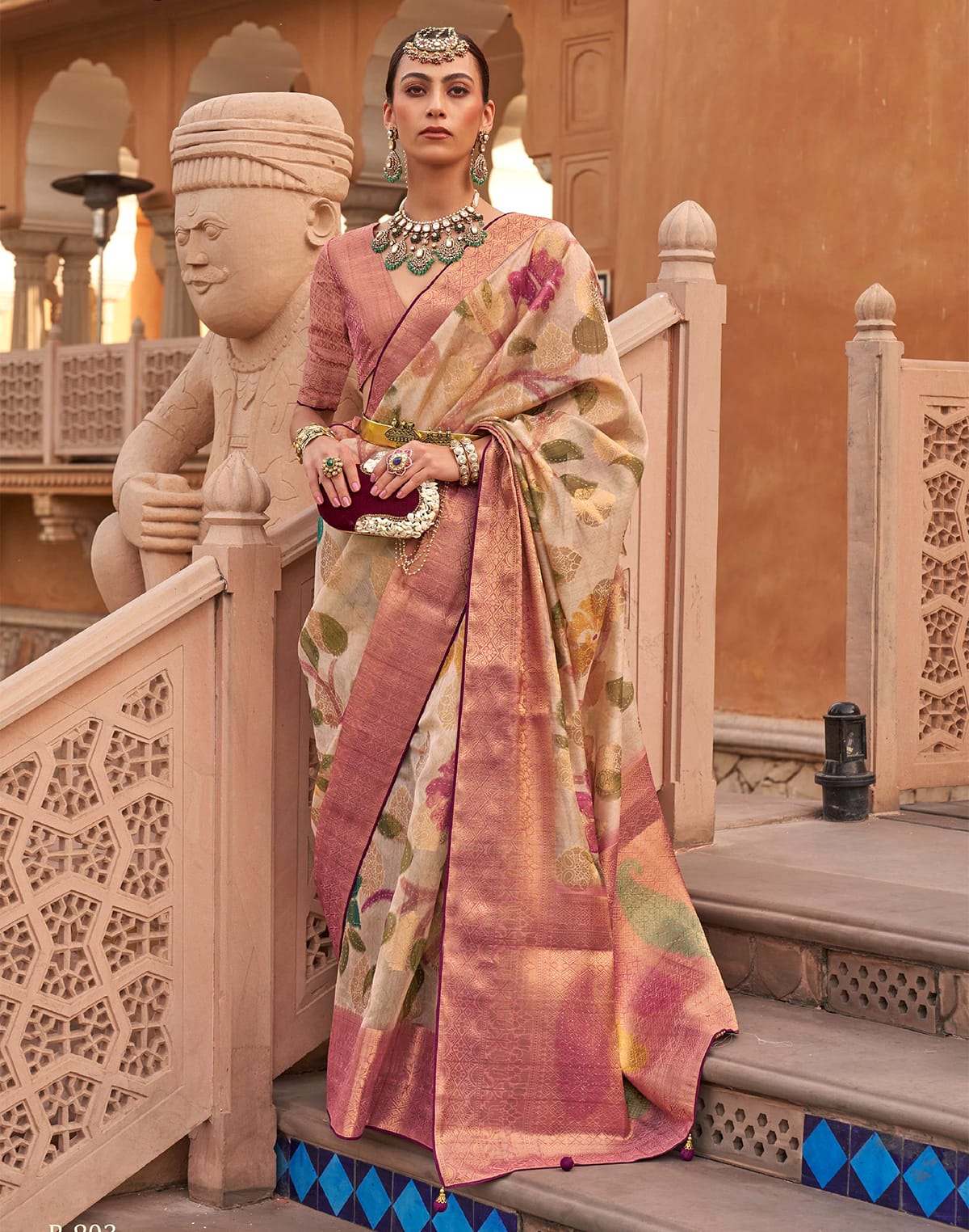 Beige Floral Organza Party Wear Saree