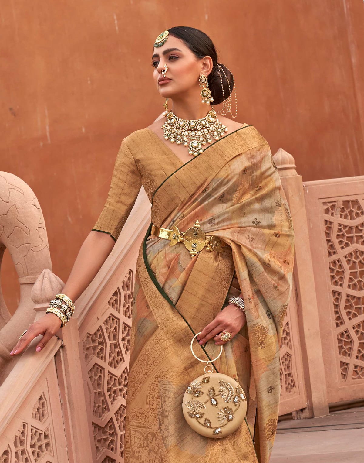 Collection of Beige Organza Digital Print Saree in a gallery layout