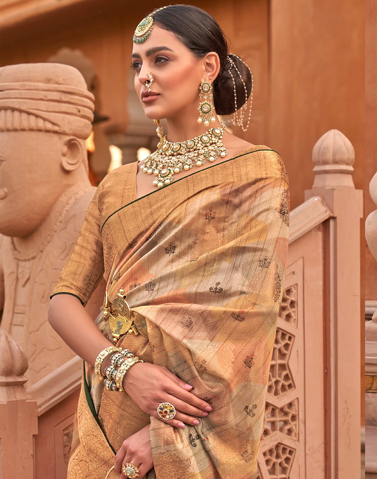 Beige Organza Digital Print Saree