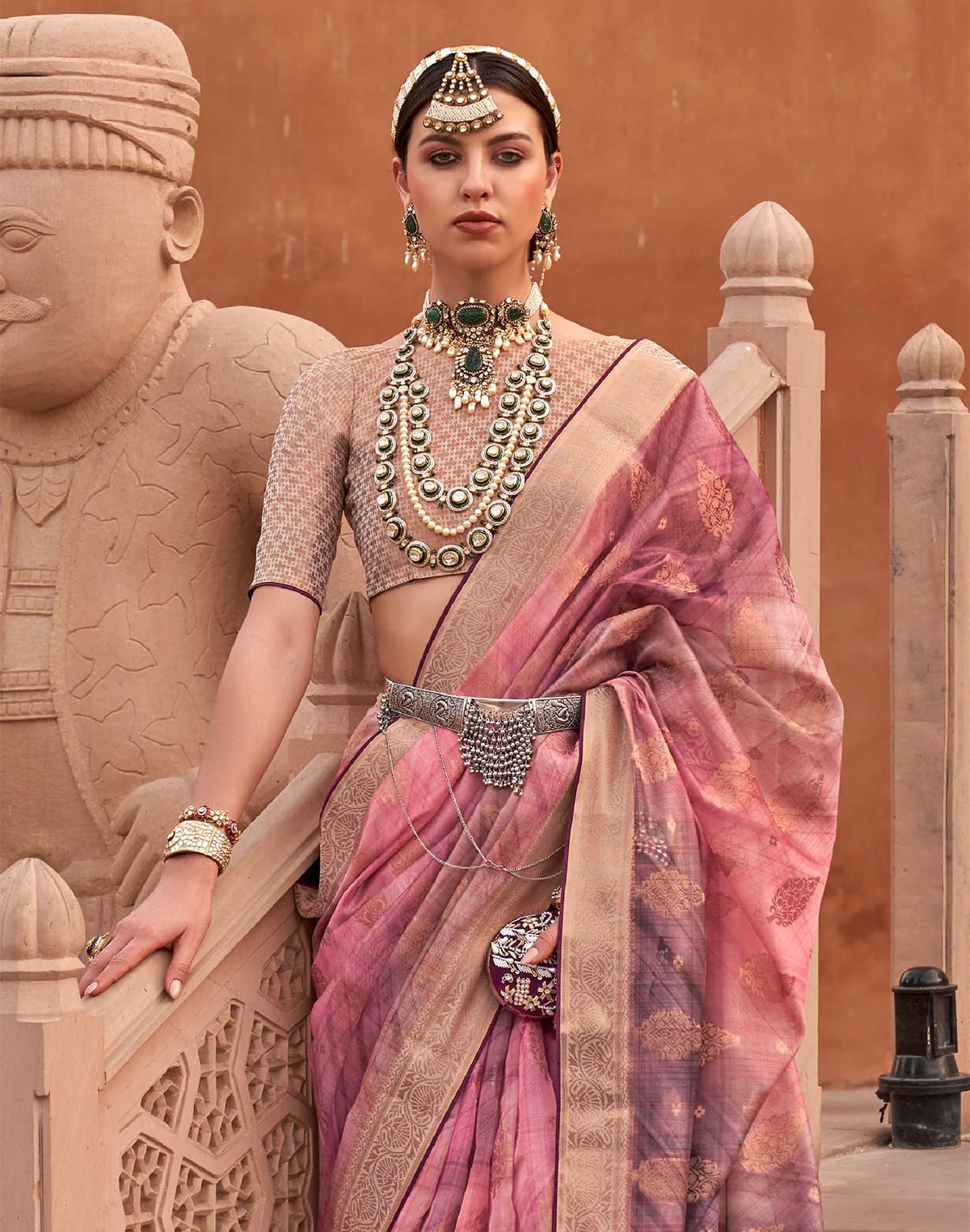 Collection of Pink Floral Organza Party Wear Saree in a gallery layout