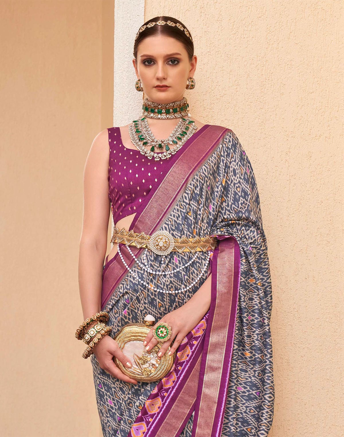 Collection of Grey and Purple Patola Silk Saree with Tussels in a gallery layout