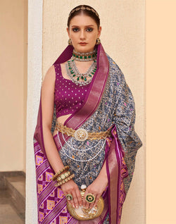 Collection of Grey and Purple Patola Silk Saree with Tussels in a gallery layout