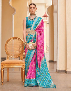 Collection of Pink Printed Designer Patola Silk Saree in a gallery layout