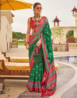 Collection of Patola Silk Ehtnic Motif Printed Saree in Green in a gallery layout