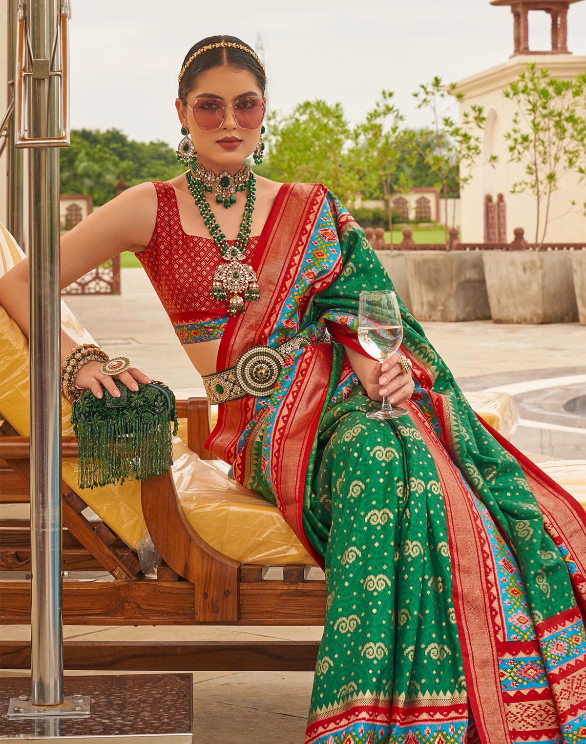 Patola Silk Ehtnic Motif Printed Saree in Green