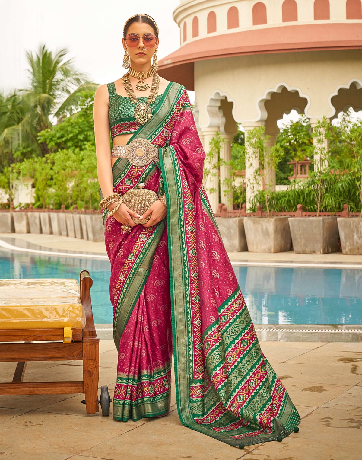 Wine and Green Patola Silk Saree