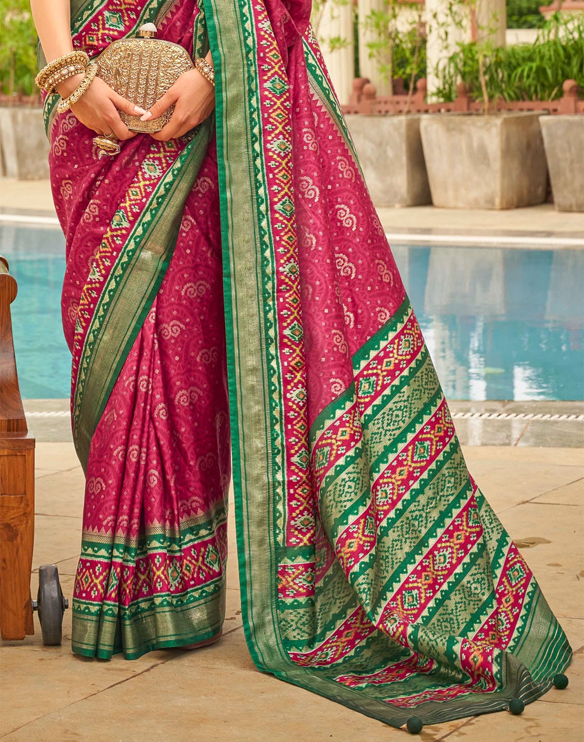 Wine and Green Patola Silk Saree