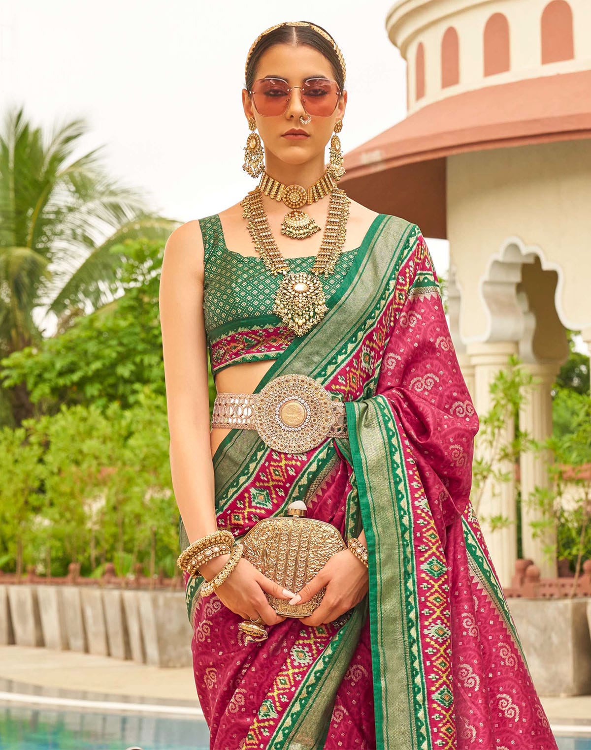 Wine and Green Patola Silk Saree