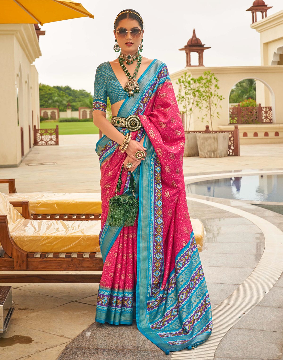 Pink Coloured Patola Silk Contrast Border Saree