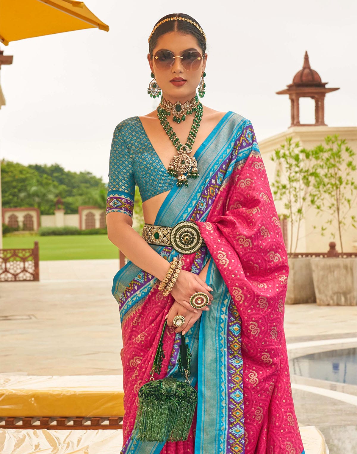 Pink Coloured Patola Silk Contrast Border Saree