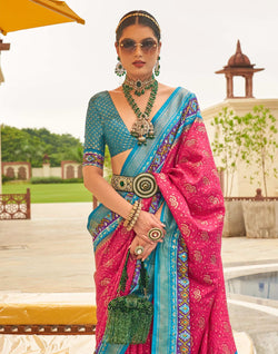 Collection of Pink Coloured Patola Silk Contrast Border Saree in a gallery layout