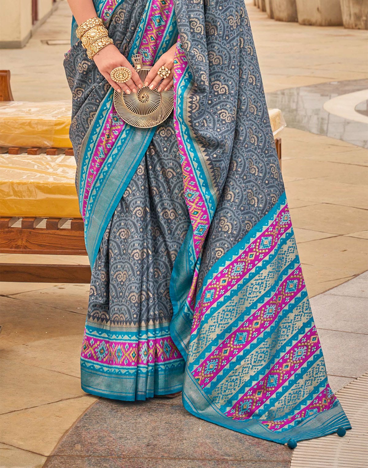 Grey Ethnic Motifs Patola Silk Saree