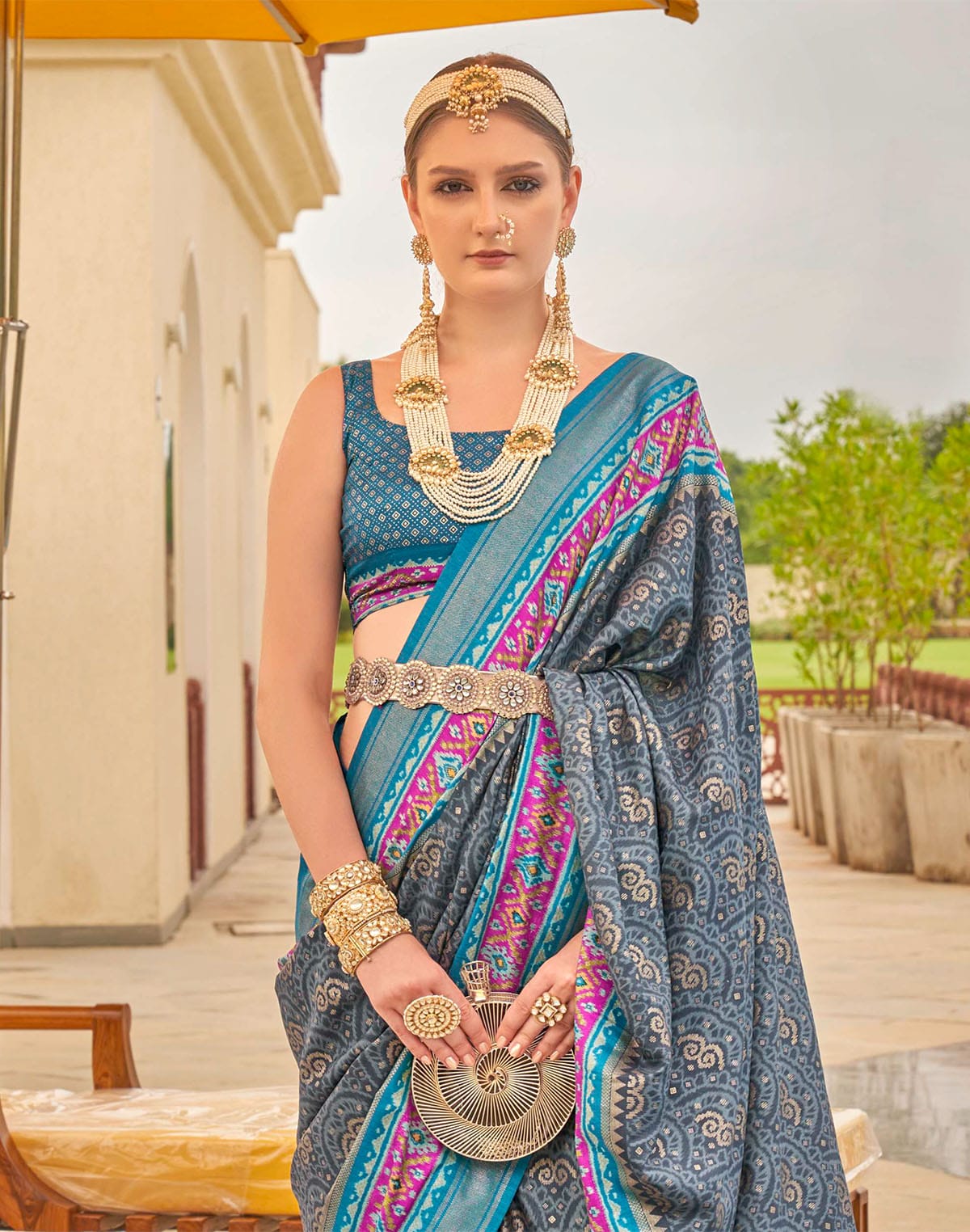 Grey Ethnic Motifs Patola Silk Saree