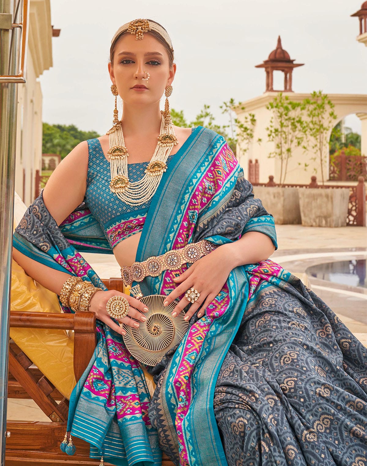 Grey Ethnic Motifs Patola Silk Saree