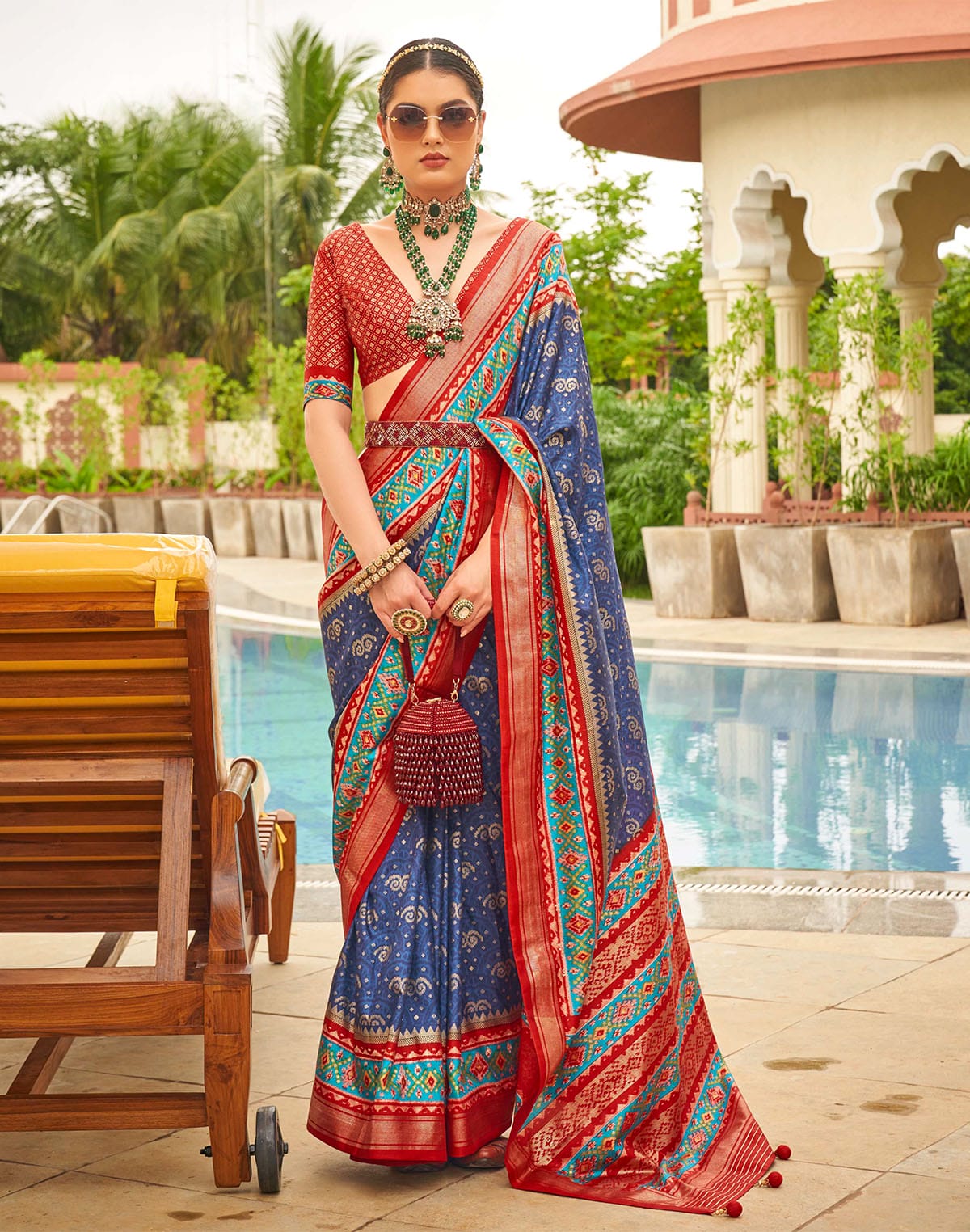 Light Blue Ethnic Motif Printed Patola Silk Saree