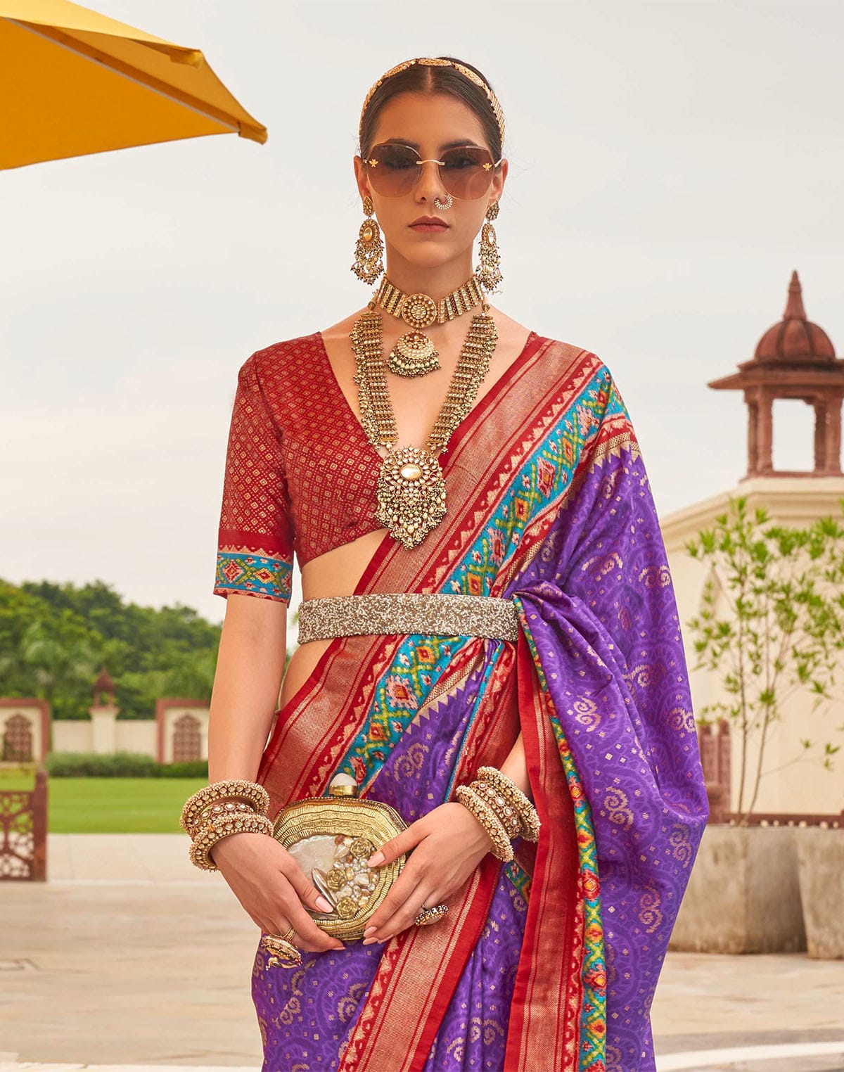 Collection of Lavender Patola Silk Contrast Saree in a gallery layout