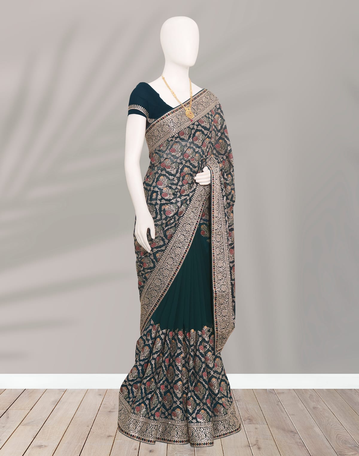 Collection of Peacock Blue Georgette Stones with Embroidery work Saree in a gallery layout