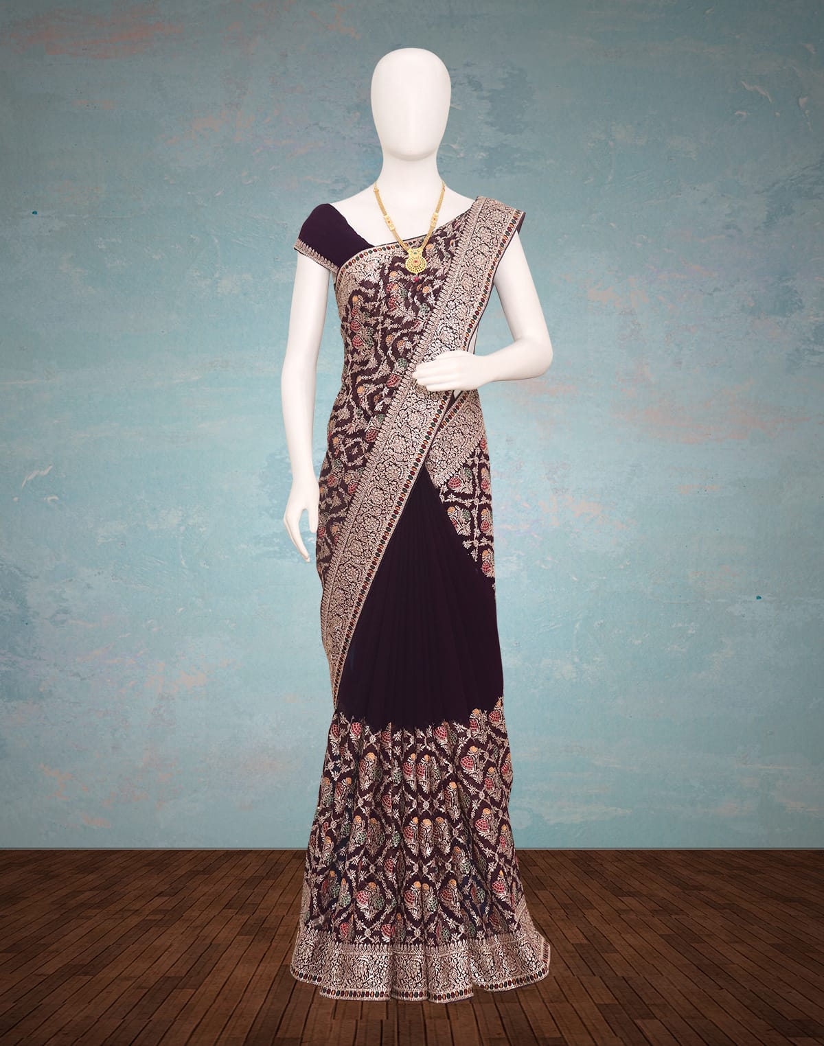 Collection of Wine Colour Embroidery with Stones work Georgette Saree in a gallery layout