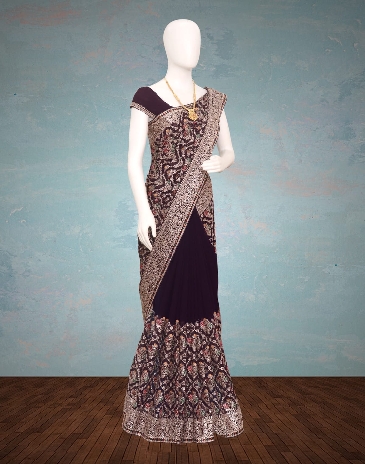 Collection of Wine Colour Embroidery with Stones work Georgette Saree in a gallery layout