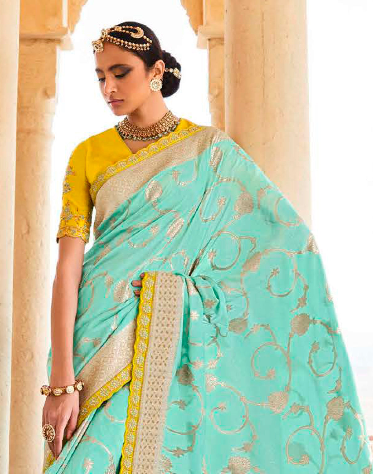 Collection of Turquoise Floral Dola Silk Banarasi Saree With Embroidery Blouse in a gallery layout