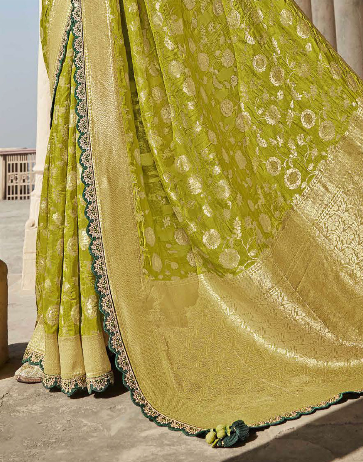 Collection of Mehendi Green Floral Fancy Lace Border Banarasi Dola Silk Saree With Designer Blouse in a gallery layout