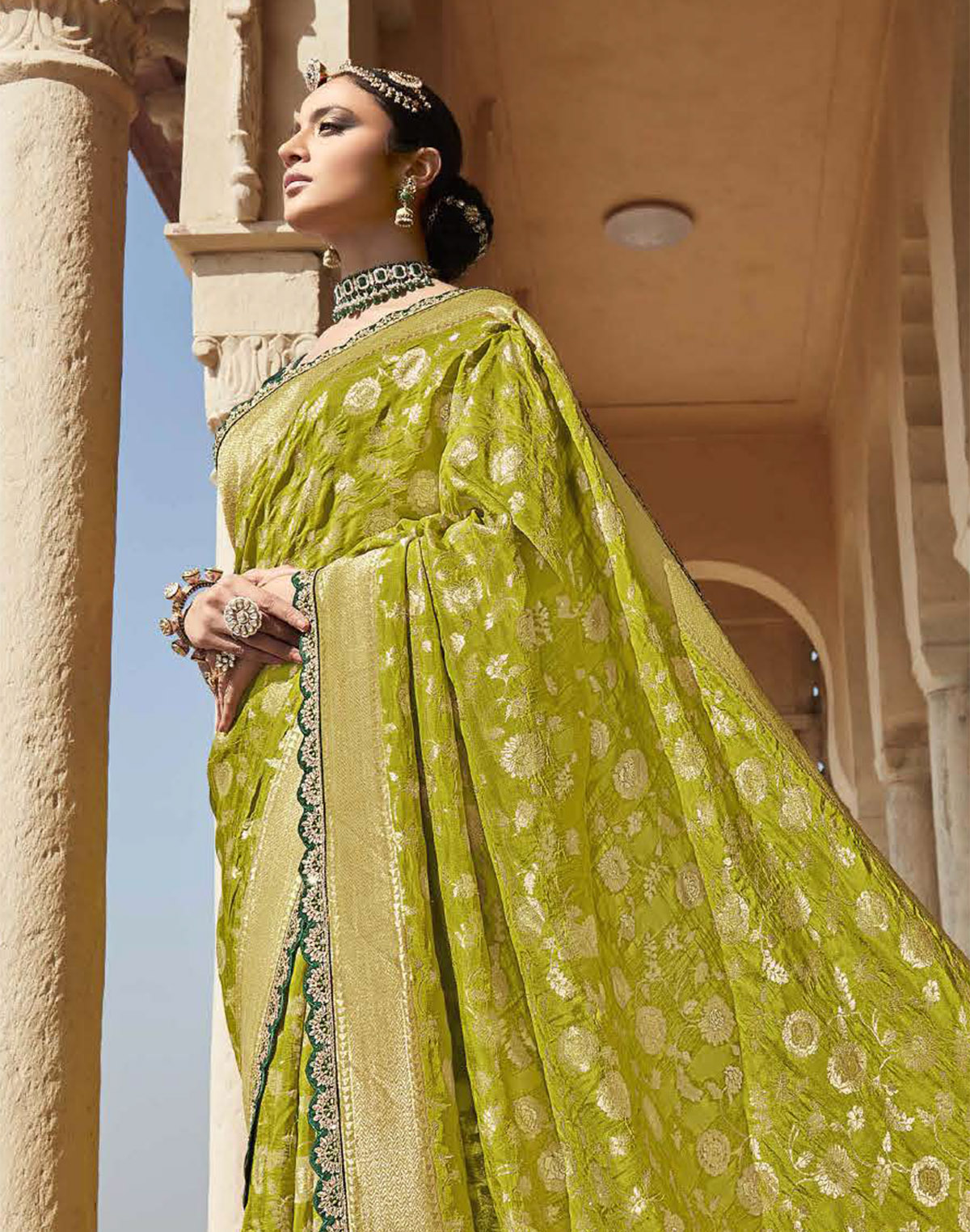 Collection of Mehendi Green Floral Fancy Lace Border Banarasi Dola Silk Saree With Designer Blouse in a gallery layout