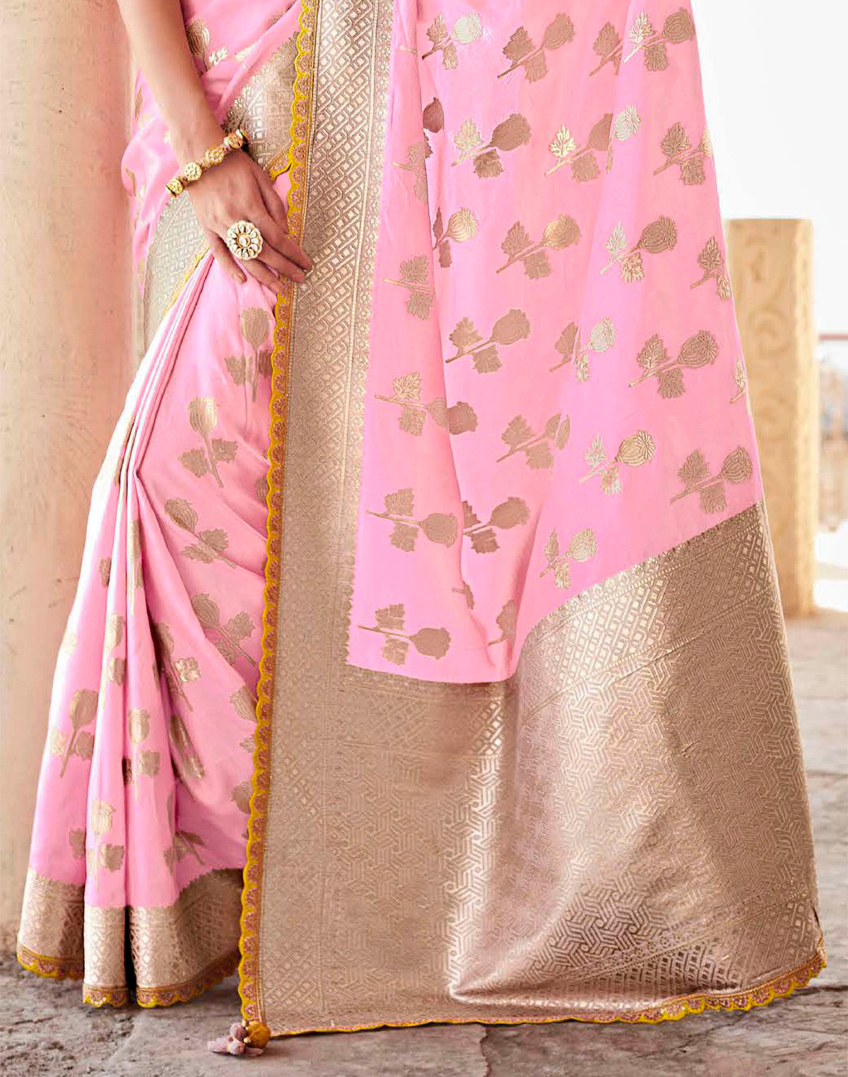 Collection of Light Pink Banarasi Dola Silk Lace Border Saree With Embroidered Blouse in a gallery layout