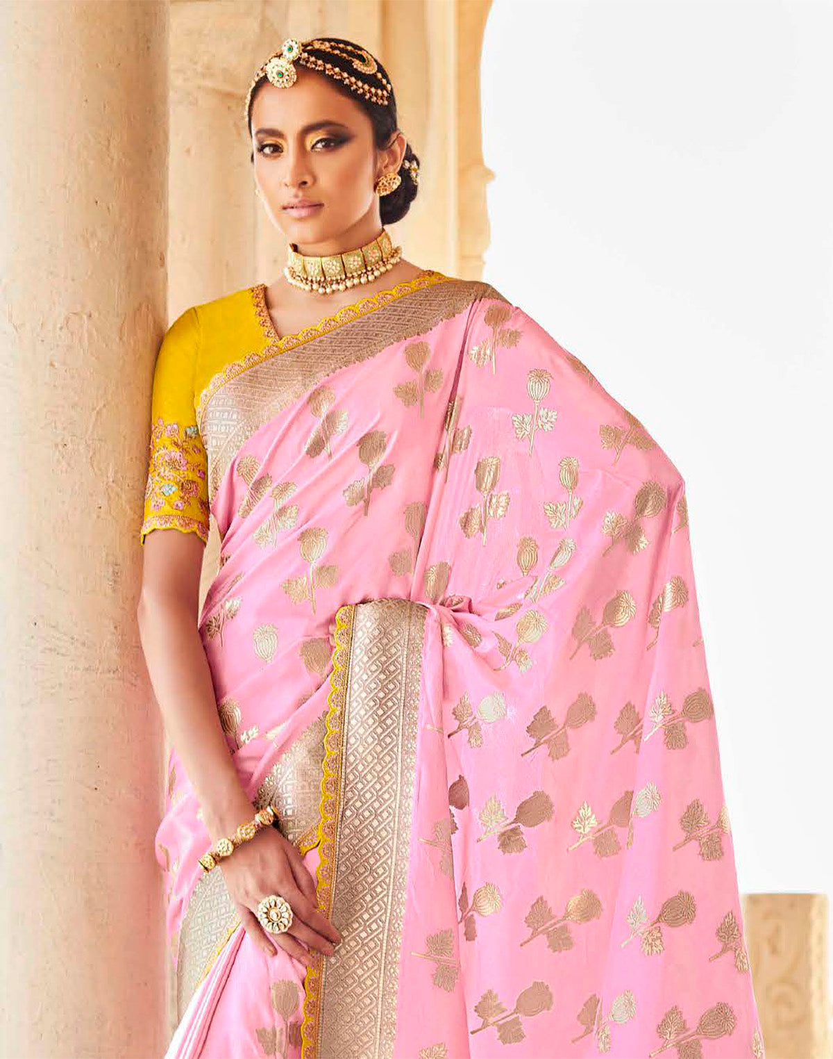 Light Pink Banarasi Dola Silk Lace Border Saree With Embroidered Blouse