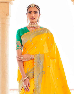 Collection of Fancy Lace Border Dola Silk Contrast Saree With Embroidered Blouse in a gallery layout