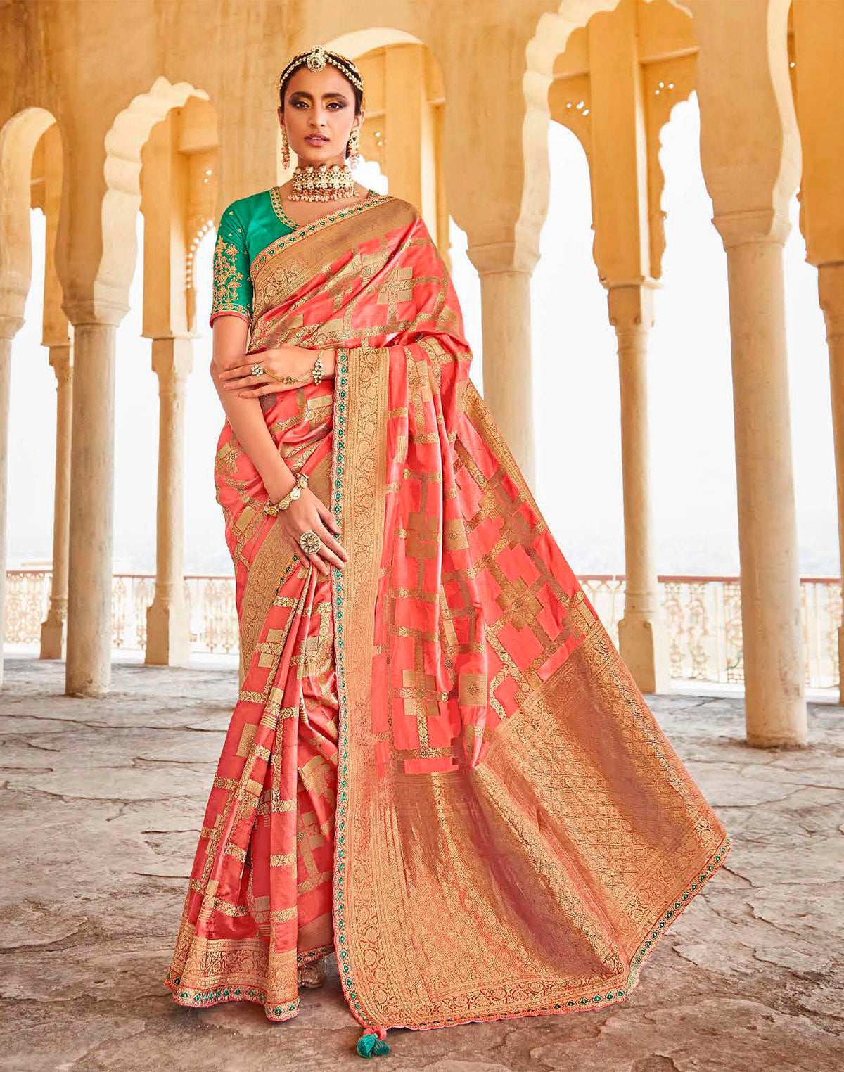 Peach Pure Dola Silk Banarasi Lace Border Saree With Designer Blouse