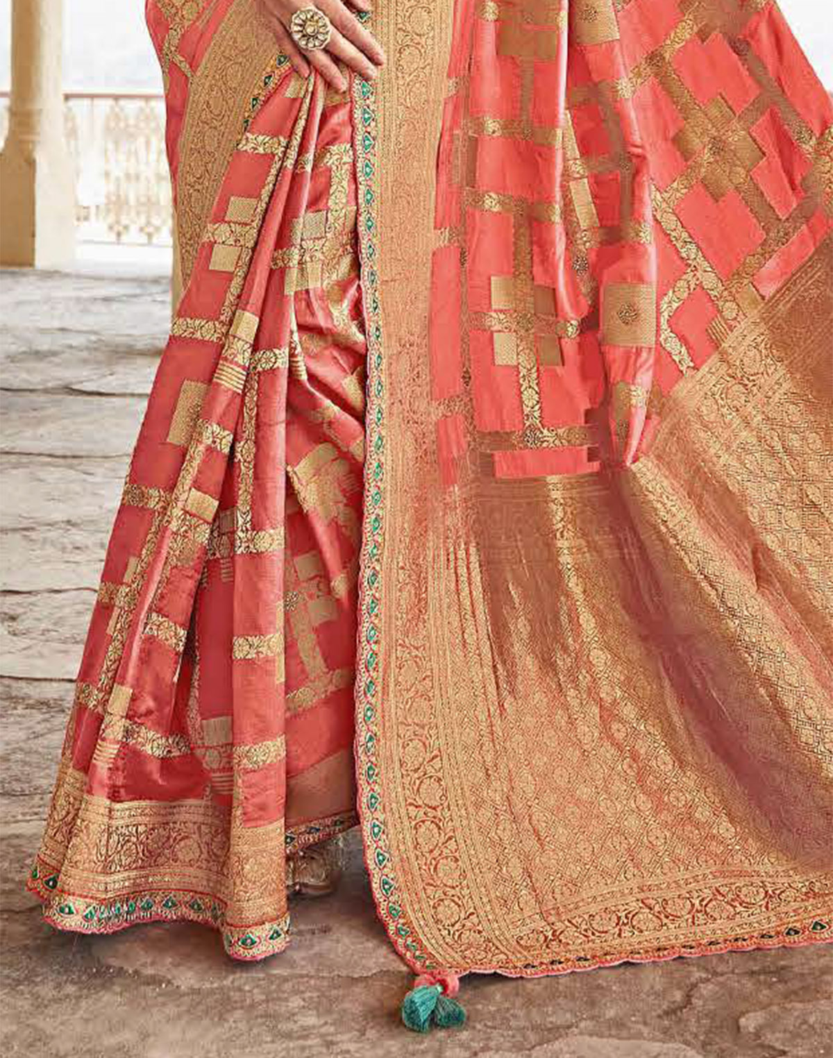 Peach Pure Dola Silk Banarasi Lace Border Saree With Designer Blouse South India Shopping Mall