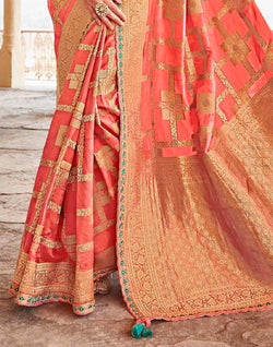 Collection of Peach Pure Dola Silk Banarasi Lace Border Saree With Designer Blouse in a gallery layout