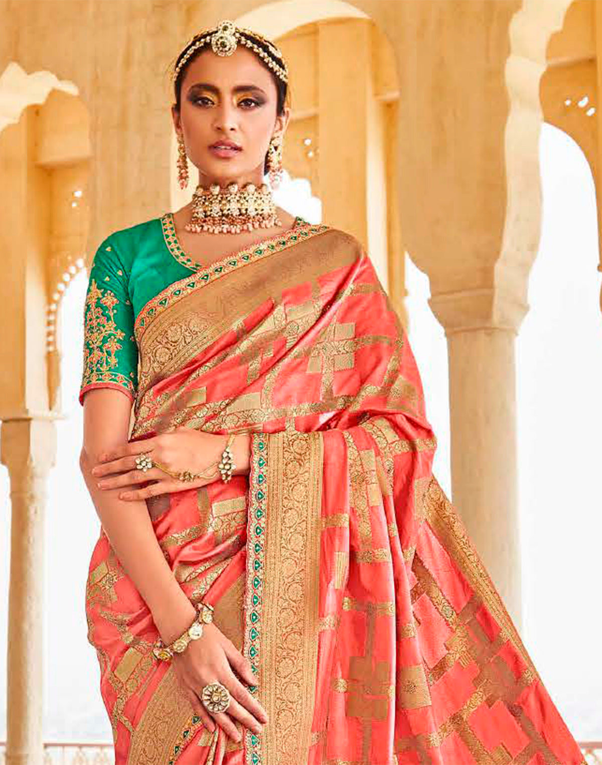 Collection of Peach Pure Dola Silk Banarasi Lace Border Saree With Designer Blouse in a gallery layout