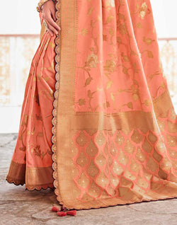 Collection of Soft Dola Silk Fancy Lace Border Light Peach Saree and Designer Blouse in a gallery layout