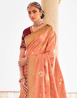 Collection of Soft Dola Silk Fancy Lace Border Light Peach Saree and Designer Blouse in a gallery layout