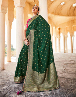 Collection of Dark Green Woven Banarasi Dola Silk Saree With Pink Embroidered Blouse in a gallery layout