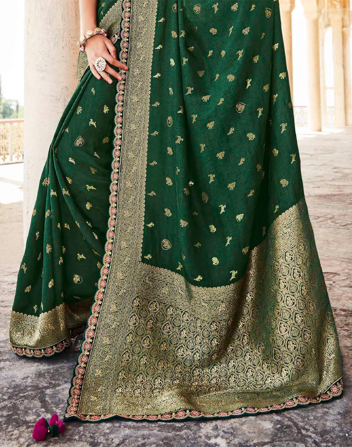 Collection of Dark Green Woven Banarasi Dola Silk Saree With Pink Embroidered Blouse in a gallery layout