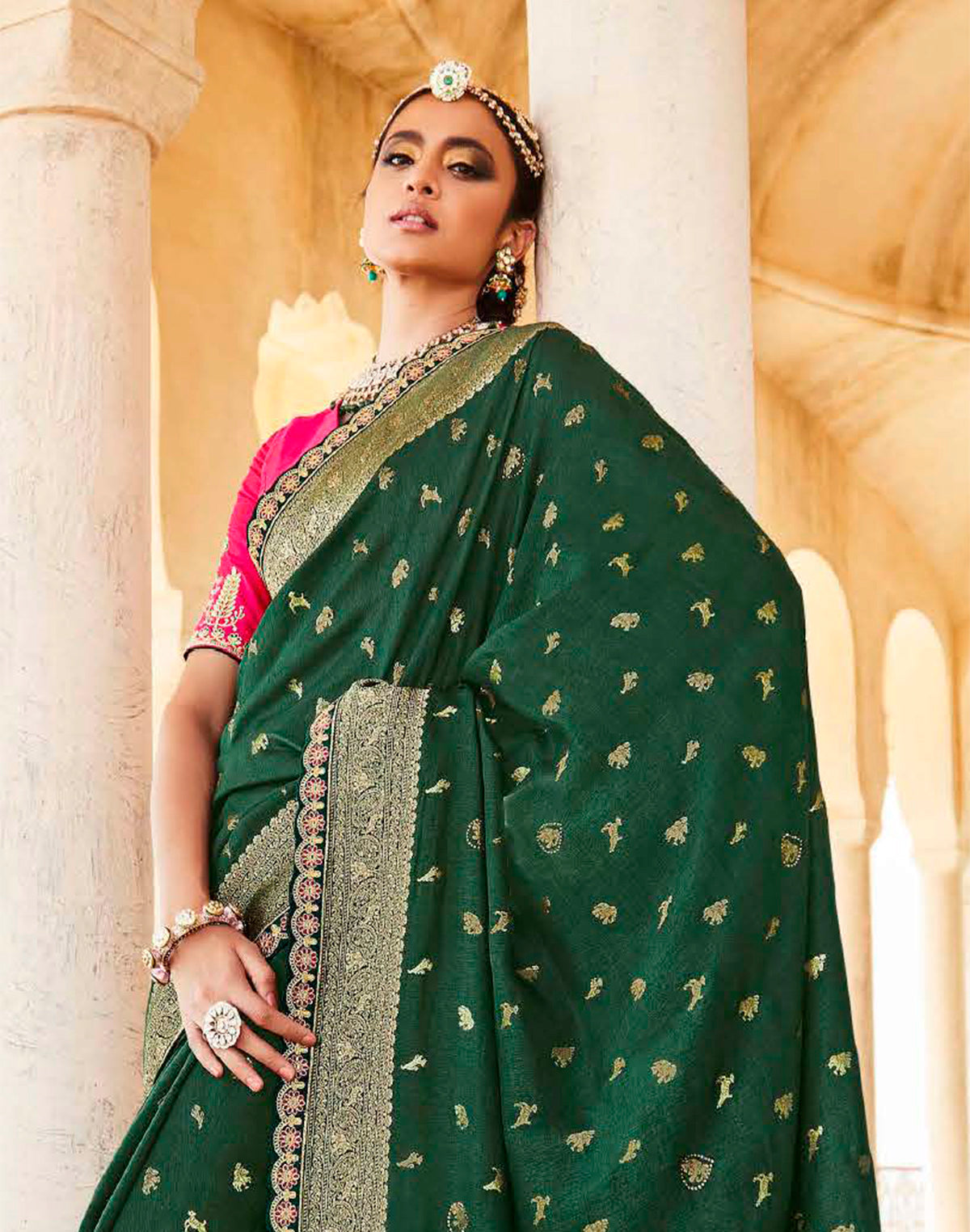 Collection of Dark Green Woven Banarasi Dola Silk Saree With Pink Embroidered Blouse in a gallery layout